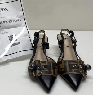Fendi Pearland slingback kitten heel pump black Brown Leather Zucca W COA Sz5-35
